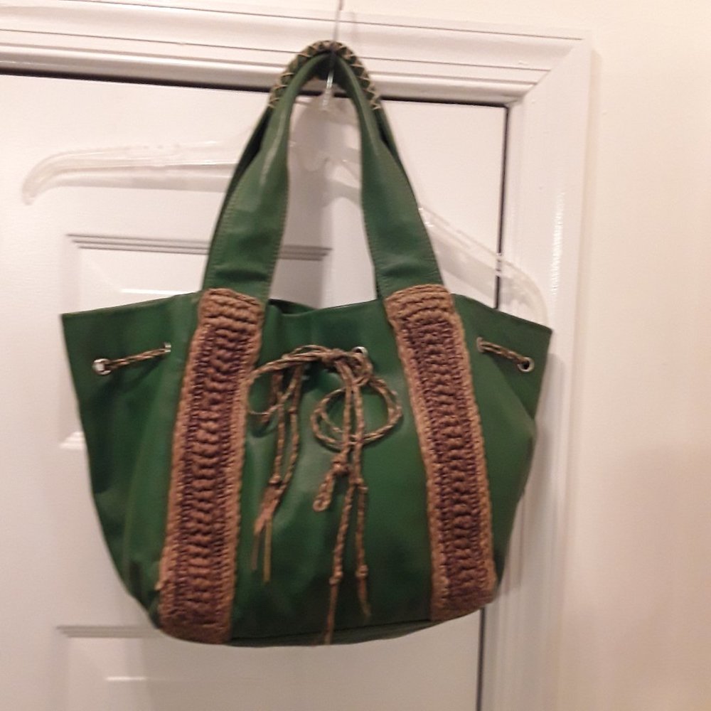 interstaple Handbag Green Color Leather Green Tan Raffia Trim RickRack Detail